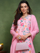 Women Pink Cotton Blend Floral Printed Straight Kurta Trouser With Dupatta-PKSKD2510PNK
